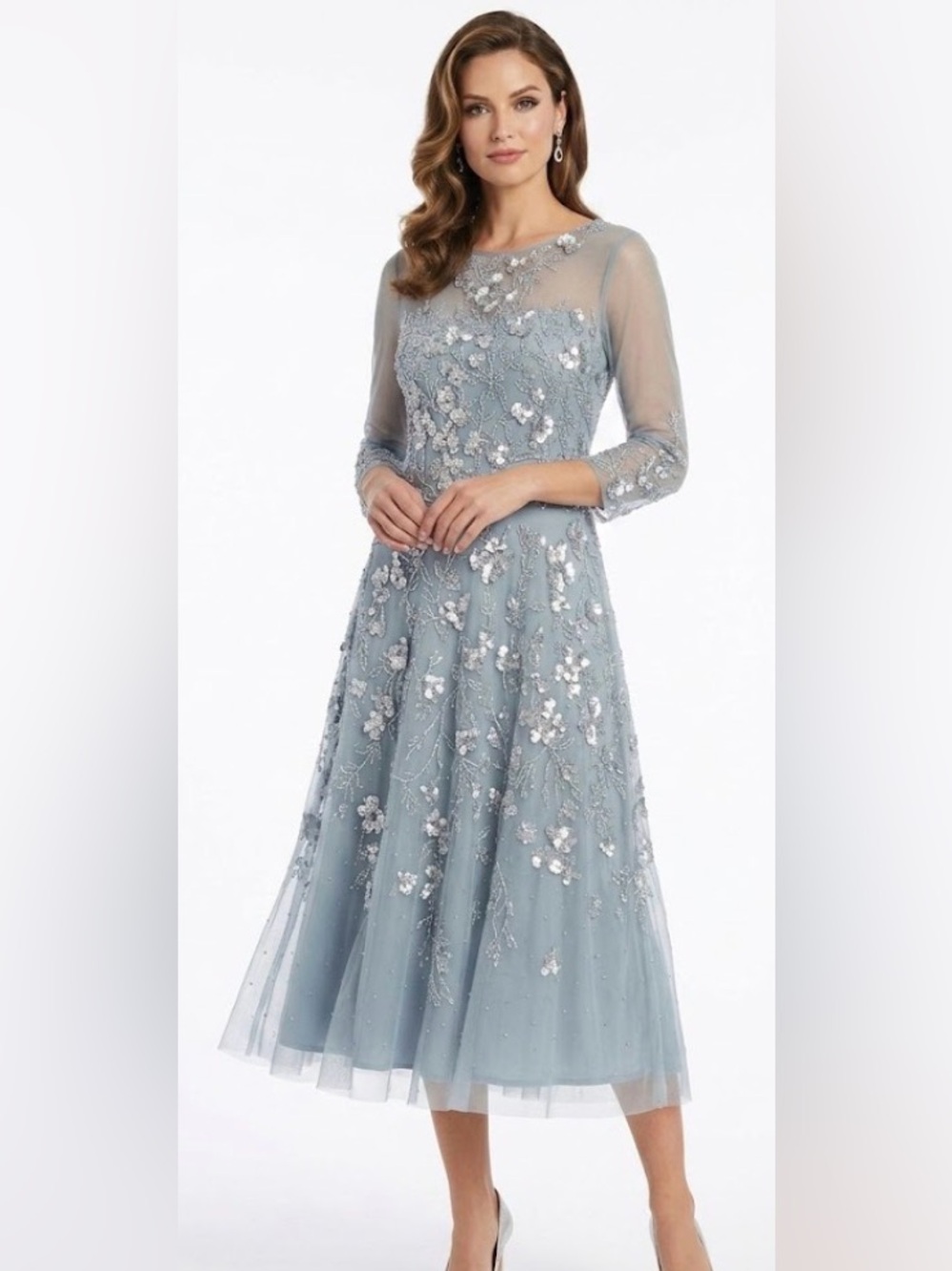 Adrianna Papell Dusty Blue Silver SequencBeaded Long-Sleeve Evening Gown Size 16